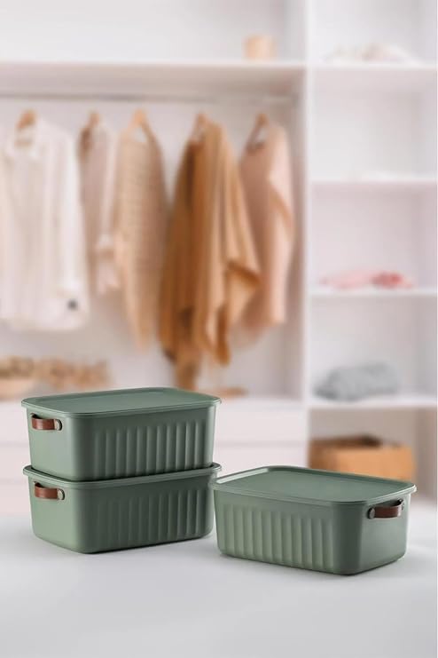 3 Piece Modern Lid Storage Box Set -15 Liter – Green-Portable Handle, In-Cabinet Organizer, Multi-Purpose Organizer Box, Toy & Clothing Box