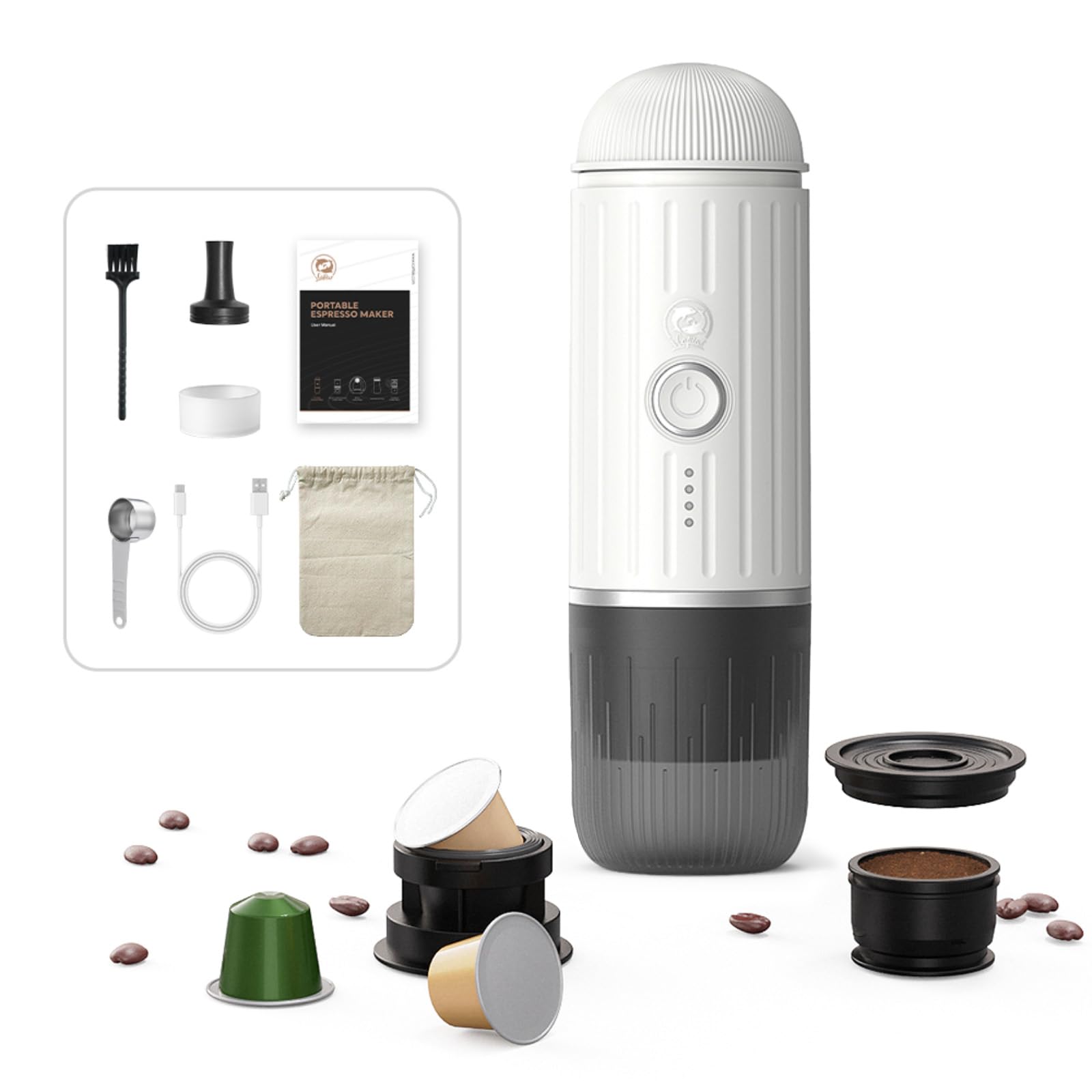 Máquina de café café N-espresso y molido, con calefacción, portátil, portátil, con calefacción, compatible con cápsulas N-espresso y café molido, 7500 mAh USB, y cafetera recargable (blanco)