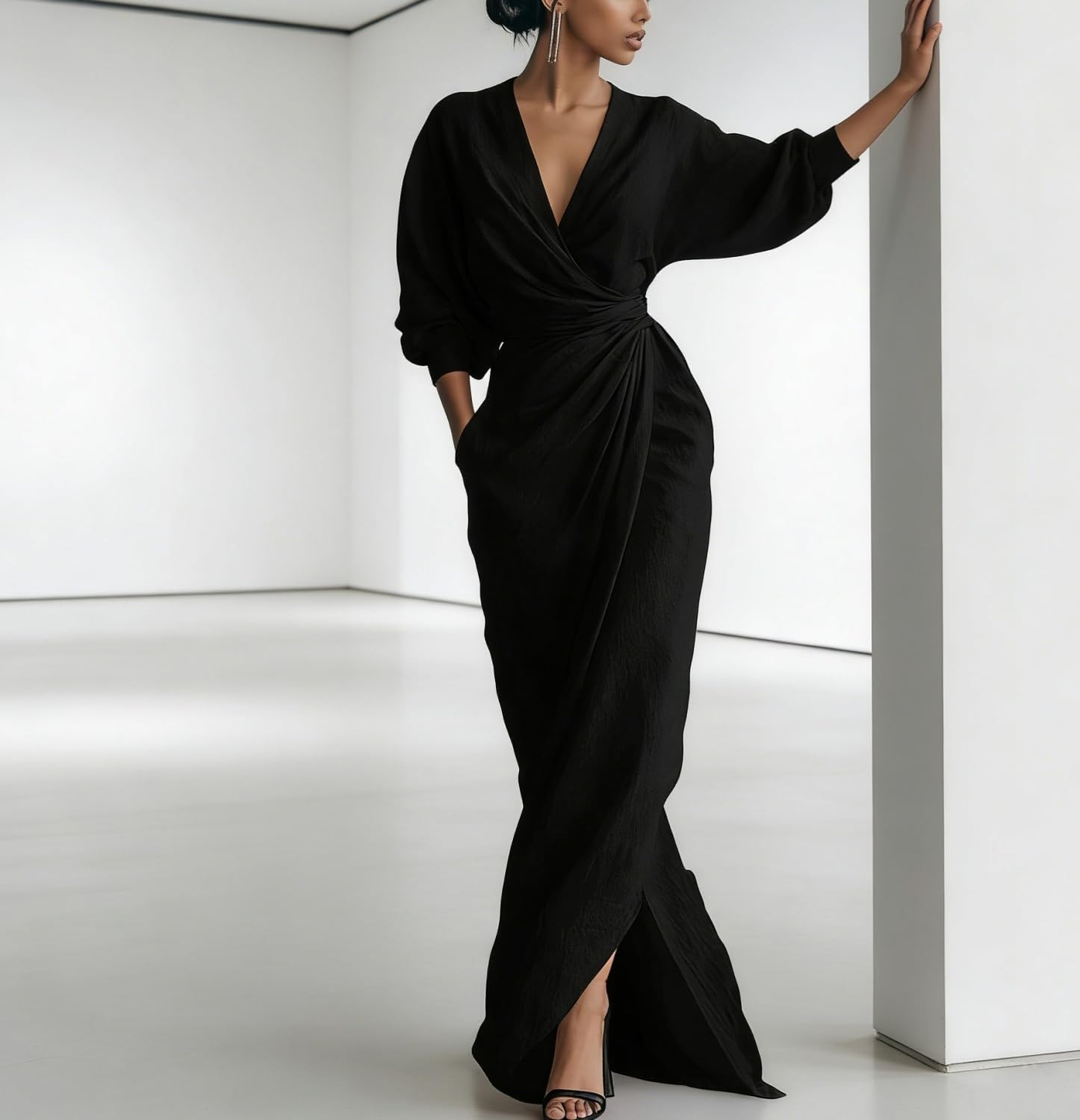 Abito extra lungo da donna in lino e cotone con scollo a V, maniche lunghe, increspato, cravatta in vita, asimmetrico, orlo diviso, retrò, elegante, per feste
