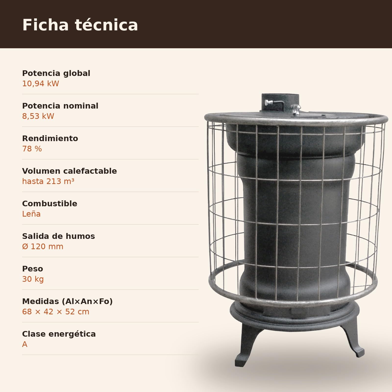 EIDER BIOMASA Estufa de Leña RÚSTICA EXTERIORES – 8,53 kW (máx. 13,05 kW) – Rendimiento 78% – Hasta 213 m³ – Doble Combustión – Certificada CE