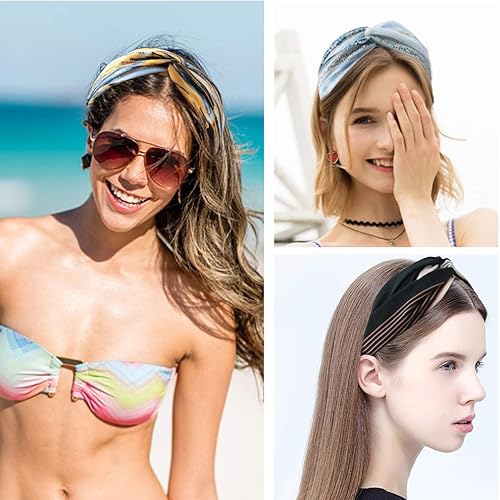 Miniatura 7 de Paquete de 20 diademas bohemias para mujer, diadema elástica con nudos de Ahoney para el pelo, vendas de cabeza trenzadas, accesorios para el
