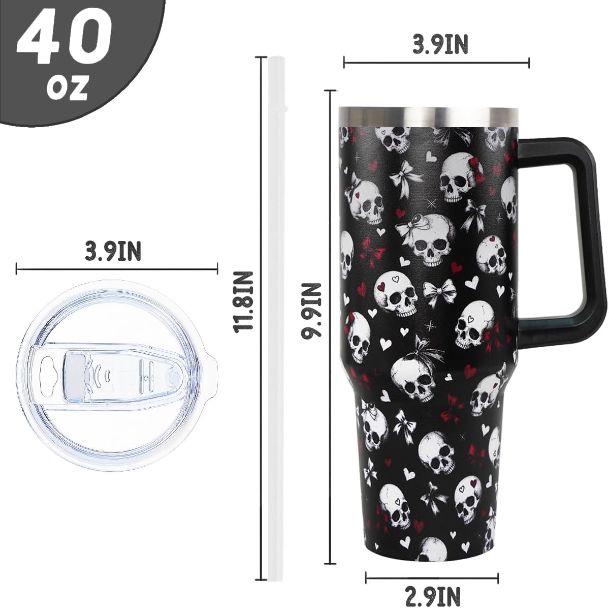 Goth Tumbler 40oz Skull Bow Coffee Travel Mug Leak Proof Insulated Cup with Handle and Straw Vacuum Insulated Stainless Steel Cup Gothic Coquette Dark Academia Halloween Gifts for Women image 4