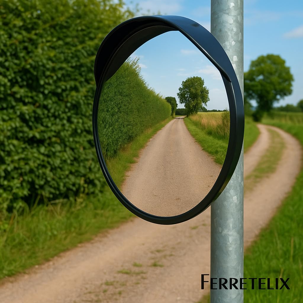 FERRETELIX® Espejo Convexo Exterior 45 cm con Visera y Soporte de Pared | Seguridad en Garajes, Calles, Naves Industriales y Parkings