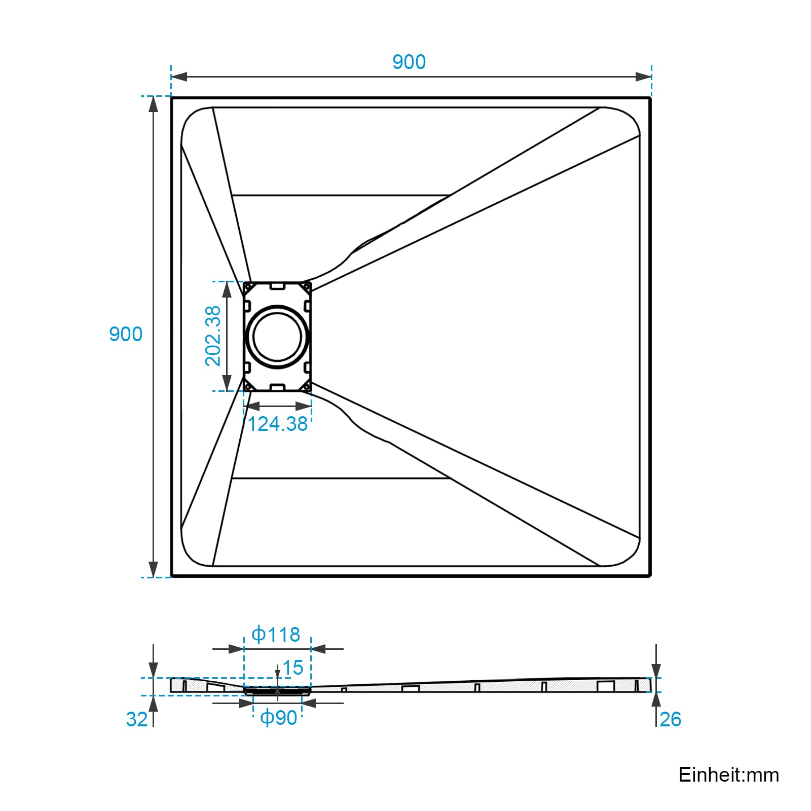 Heilmetz SMC Duschwanne 90 x 90 cm Grau, flach 2,6 cm inkl. Ablaufgarnitur | Pflegeleichte SMC Duschwanne mit rutschhemmender Steinoptik, 2,6 cm Höhe und 90 mm Ablauföffnung für flexible Montage