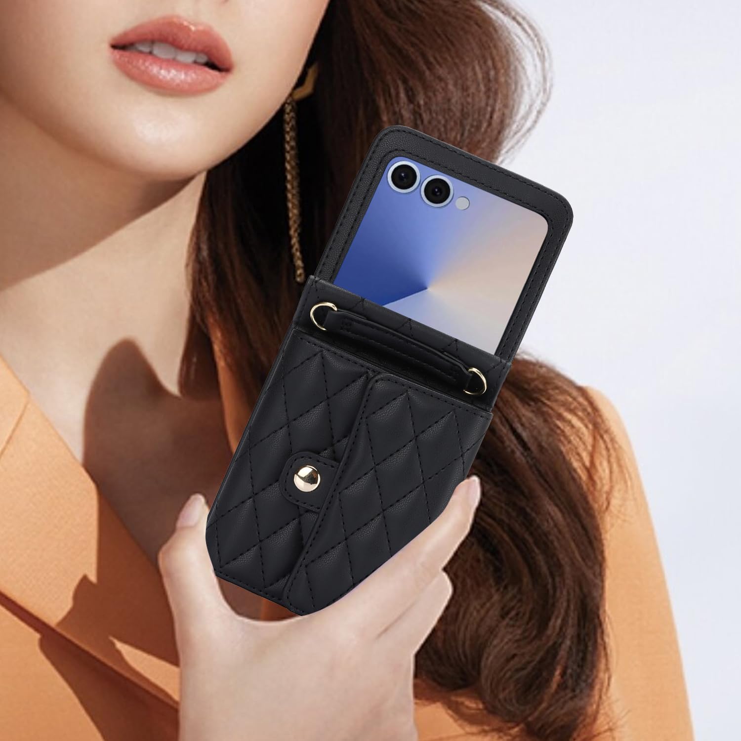 for Samsung Galaxy Z Flip 7 Accordion Crossbody Wallet Case, 4 Card Slots, RFID Blocking, and Adjustable Strap - Stylish and Versatile Accessory.(Black)