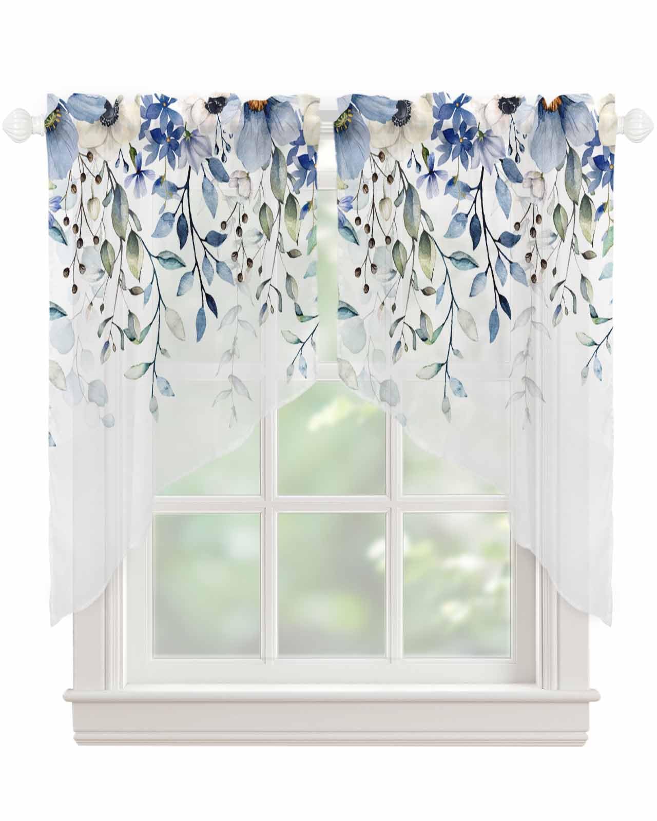 Blue Eucalyptus Leaf Swag Valances for Windows Summer Flowers Leaves Watercolor Semi Sheer Valance Curtains Floral Voile Swags Topper Curtain for Kitchen Living Room Bedroom, 2 Panels, 36x36 Inch