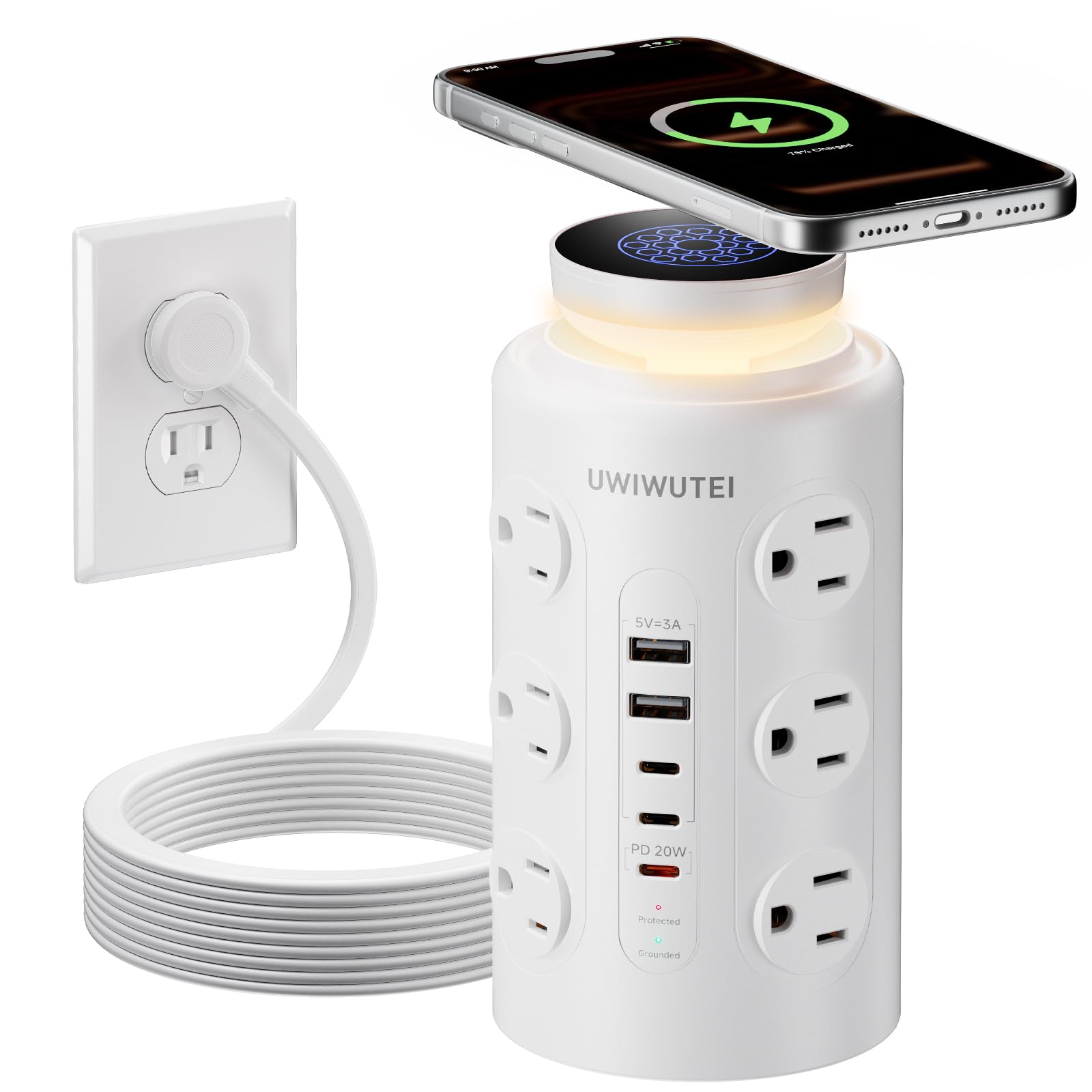 Tower Power Strip Surge Protector with Wireless Charging & Night Light - PD20W Fast Charging Station,12 Outlets, 5 USB (3 USB-C),1800J Protection, 10FT Extension Cord, Home Office Essentials(White)