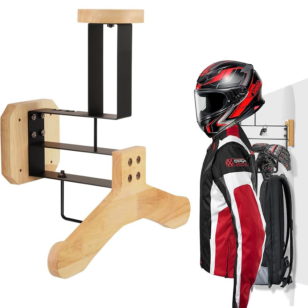 Motorcycle Helmet Holder Wall Mount with Hook, Solid Wood & Iron Rack