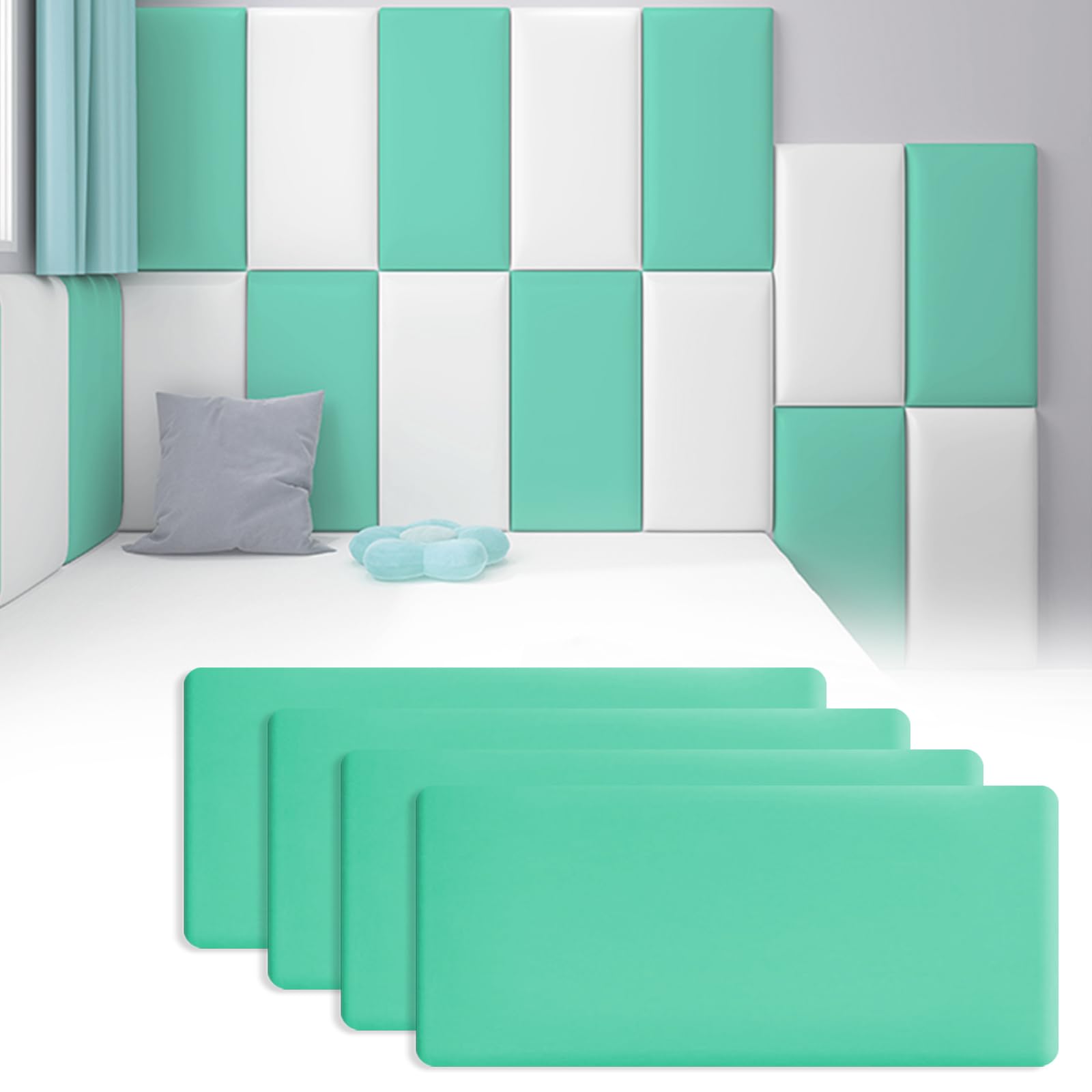 3D-Wandpaneele,Anti-Kollisions-Softpackung, Kindergarten-Softpackung, Wandaufkleber selbstklebend, Tatami-Softpackung, Kinderzimmer-Hintergrundwand-Softpackung (Grün - 4 Stück)