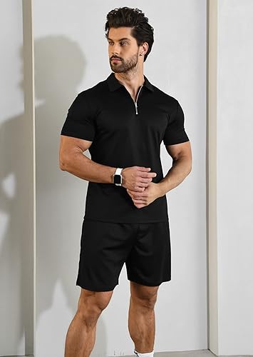 Miniatura 4 de YTD Conjunto de camisa polo y pantalones cortos de manga corta para hombre, conjunto de dos piezas de verano con cremallera, conjunto deportivo