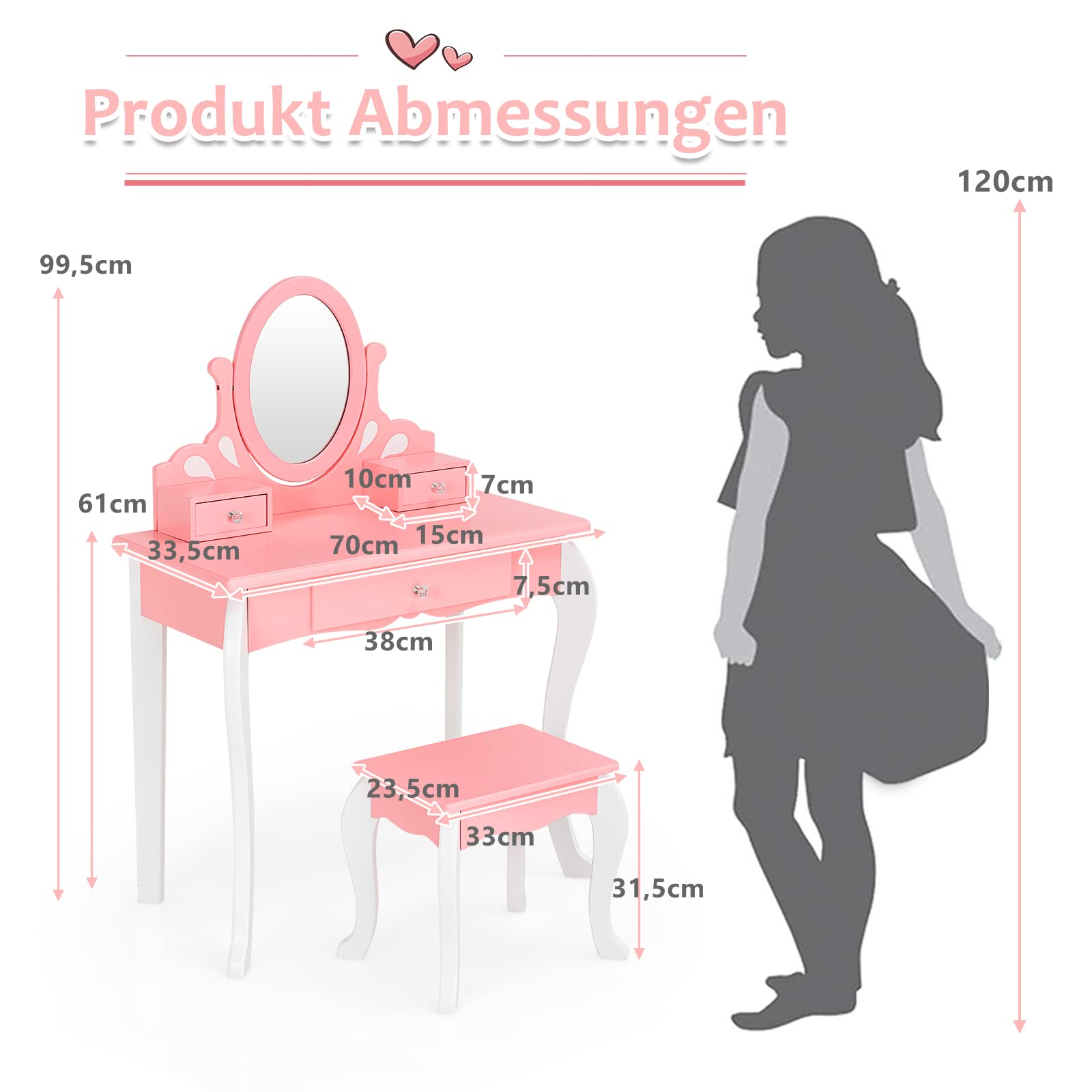 GOPLUS Kinder Schminktisch mit Spiegel, Prinzessin Frisiertisch mit 3 Schubladen und 2 Ablagen, Kosmetiktisch Holz mit Hocker, Schminkkommode Mädchen (Rosa)