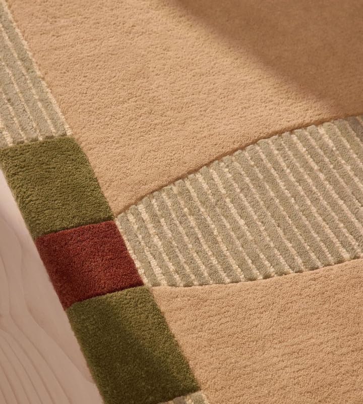 Modern Geometric Area Rug – 100% New Zealand Wool – Beige, Olive & Rust Contemporary Art Deco Design – Handcrafted Premium Living Room & Bedroom Carpet (Size: 8x10ft)
