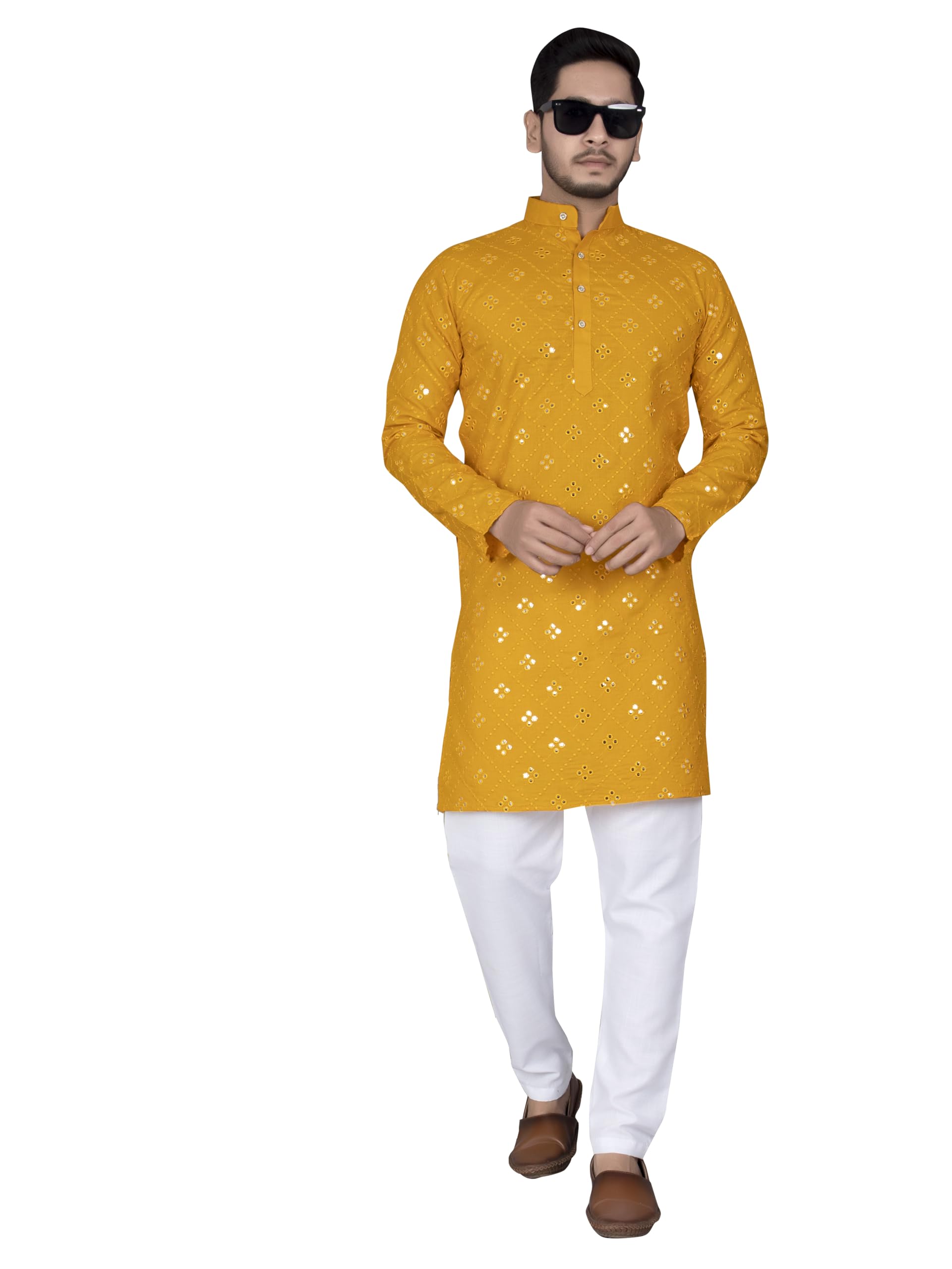 xepon Men's Cotton Indo Western Sherwani Set with Intricate Embroidery Mandarin Collar Long Sleeves Button Closure Kurta and Solid Pant-picture-14