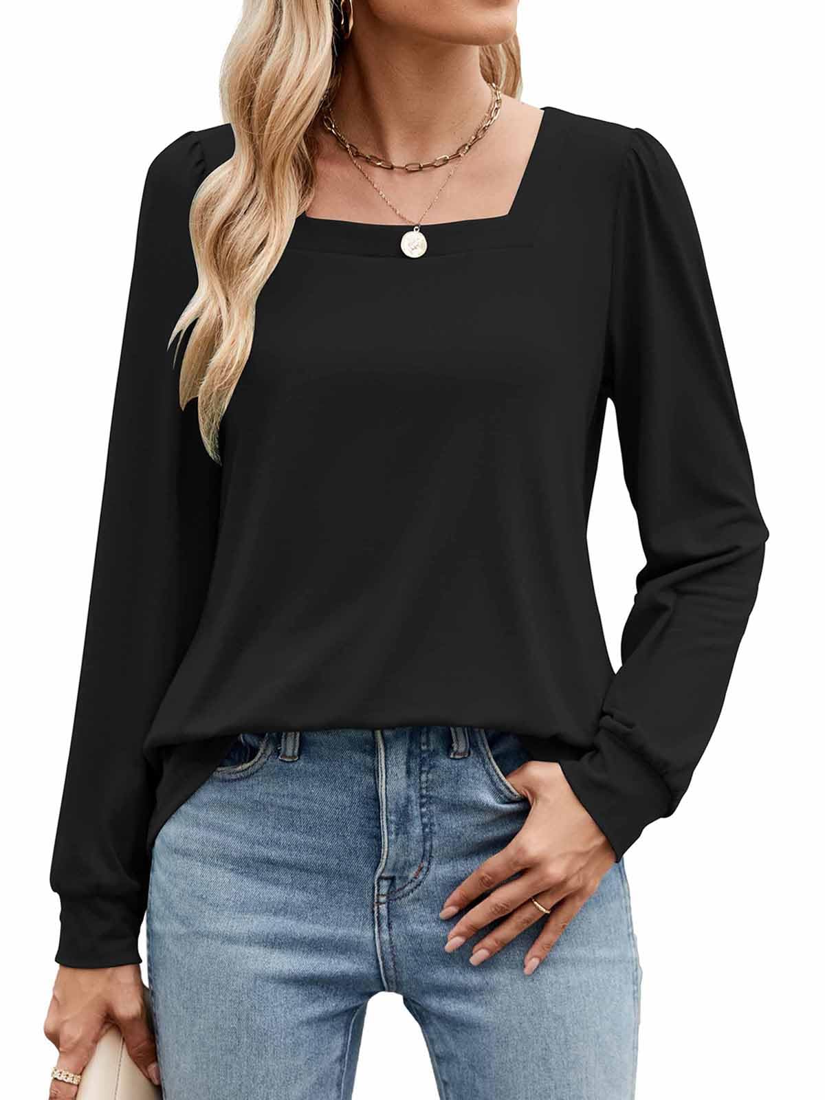 Poetsky Women's Casual Puff Long Sleeve Shirts 2024 Fall Fashion Square Neck Tops Loose Fit Dressy Tunic Blouses