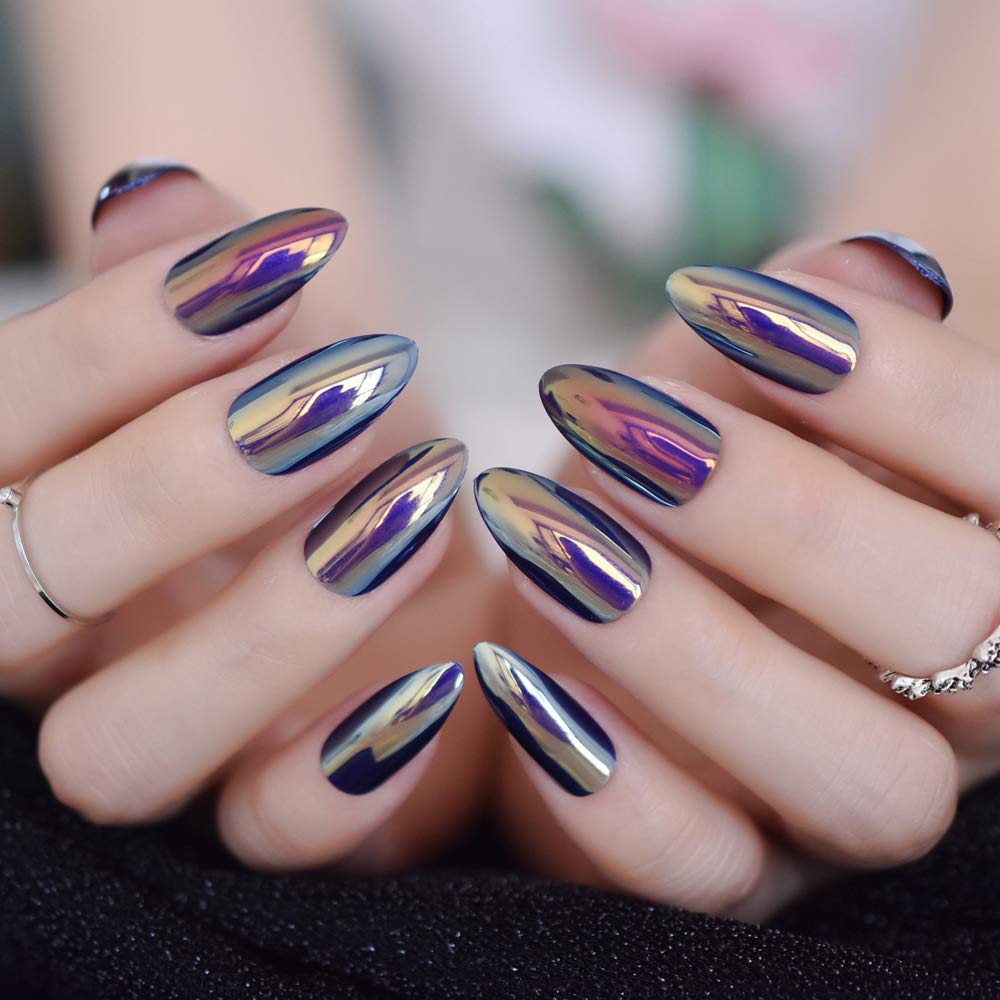 Amazon.com: Quality Unicorn Chrome Fake Nails Gorgeous Yellow Blue Mirror  Stiletto Full Cover Nail False with Adhesive Tabs 24 Ct : Everything Else