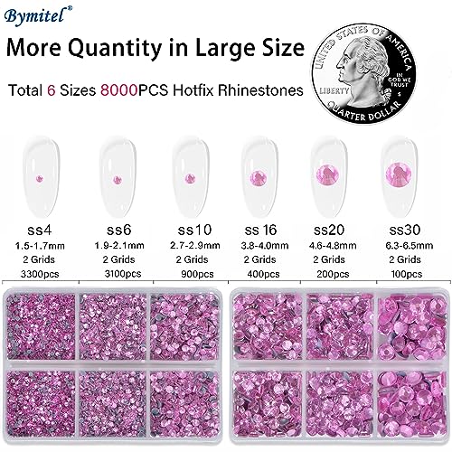 Image of Bymitel Hotfix Crystal Rhinestones Round Gems for Crafts,Mixed 6 Sizes with Wax Pencil Kit, Lt. Rose 1.6-6.3mm SS4-SS30 /8000pcs