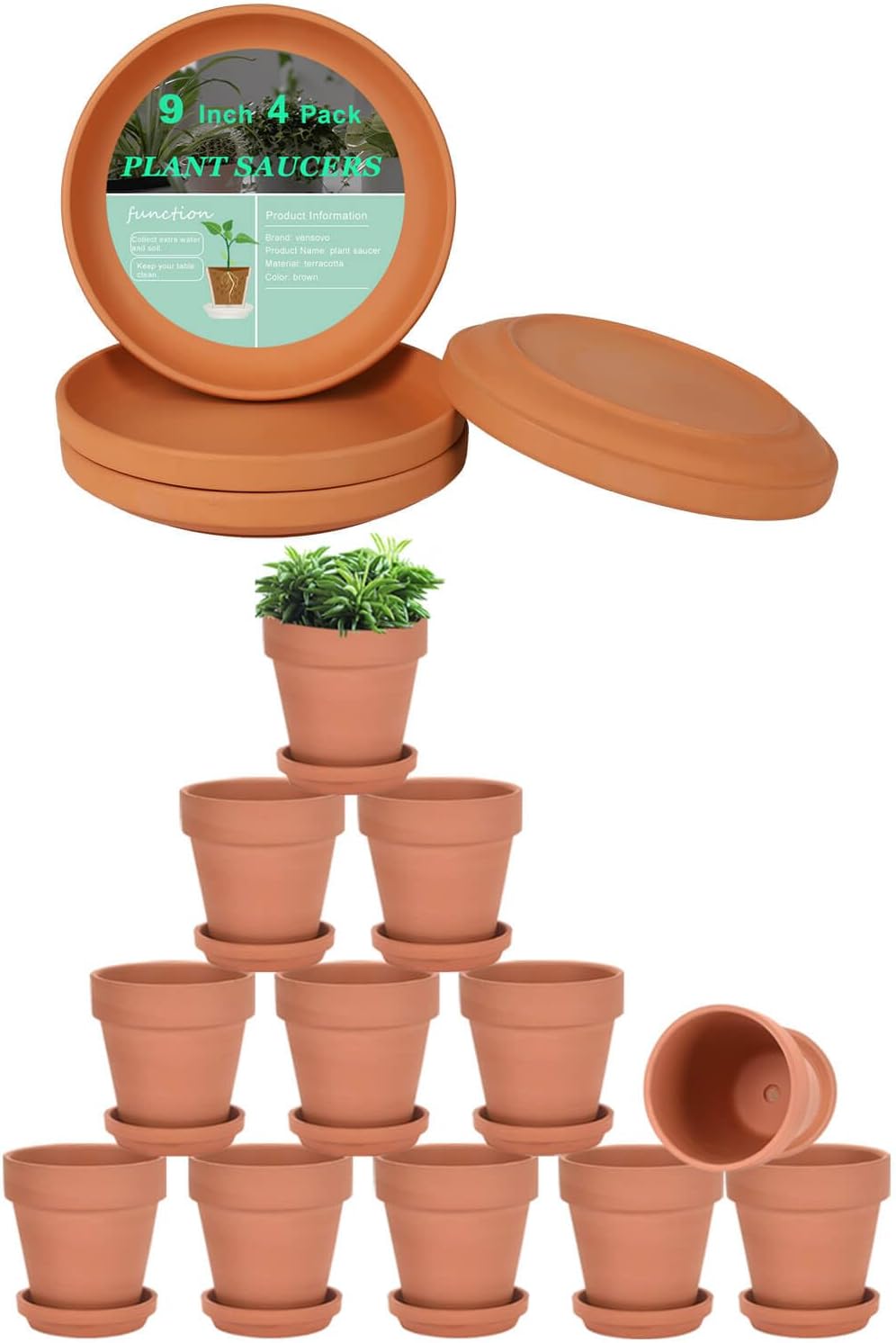 vensovo 3 Inch Terracotta Pots and 9 Inch Terracotta Pot Plant Saucer - 12 Pack Mini Clay Pot and 4 pcs Large Round Plant Pot Saucers, Great for Plants, Crafts, Wedding Favor