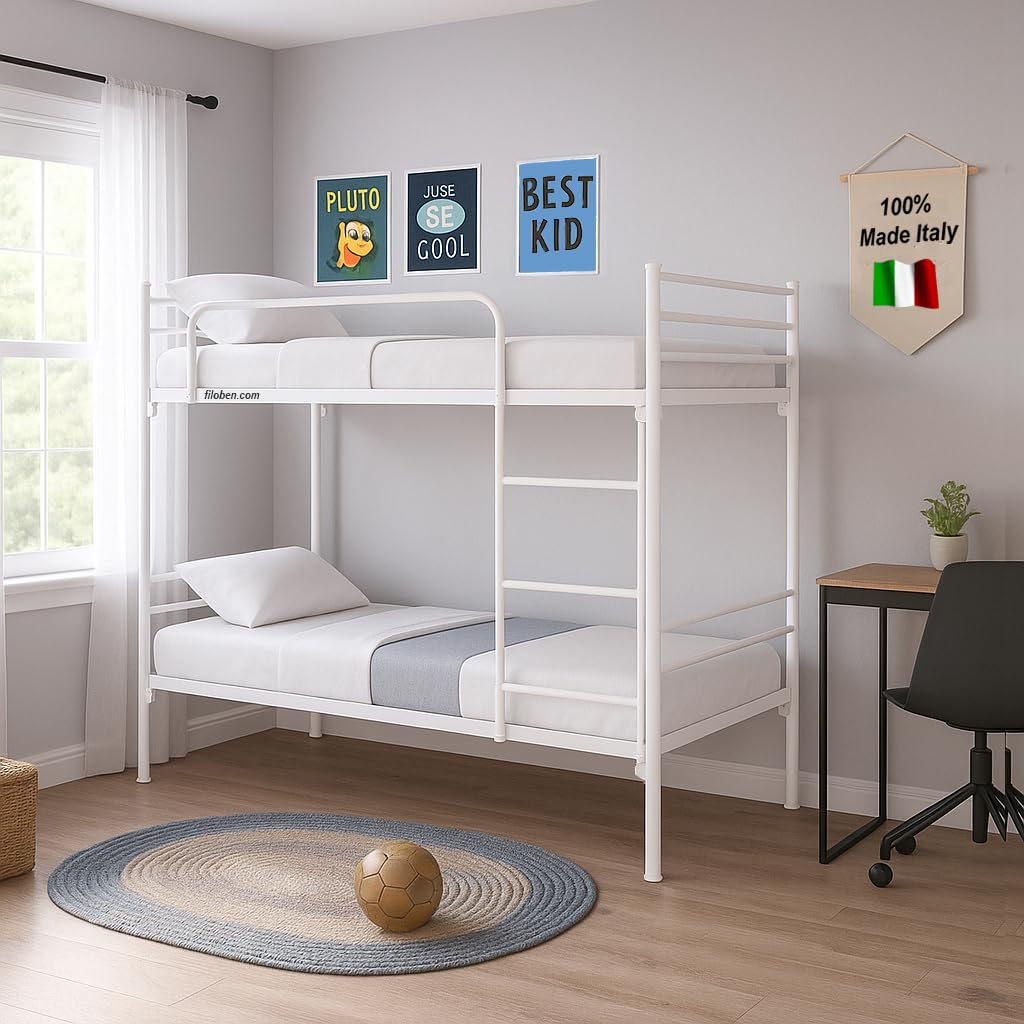 Letto a Castello Bianco Style Moderno per Adulti e Bambini 200x80 cm Altezza 150 cm, scomponibile 2 letti singoli+ 2 Materassi Ecosan