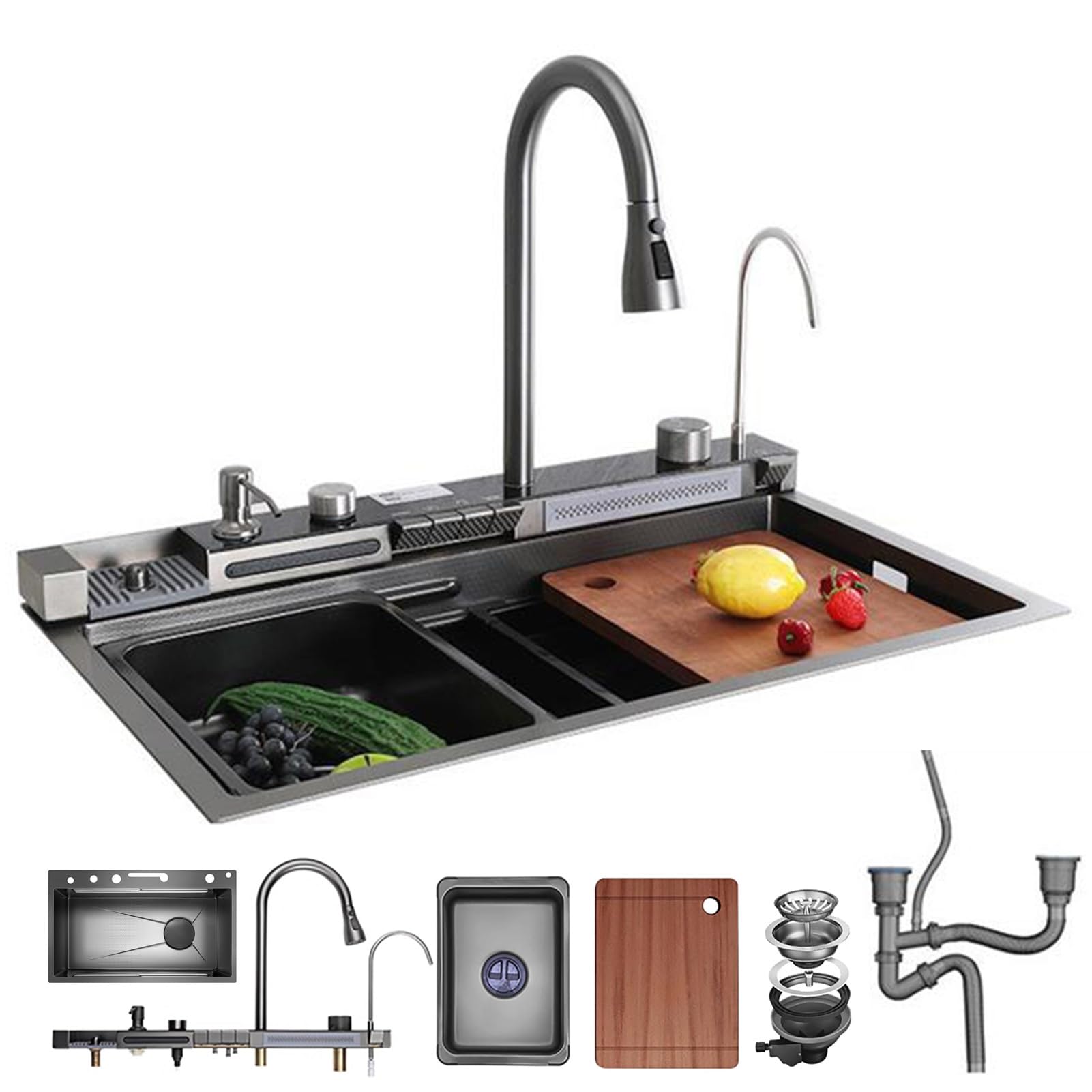 ZQFHSX Digital Display Rain Waterfall Faucet, Elegant Dual Outlet Kitchen Sink With LED Faucet- Spacious Workstation, Stainless Steel, Cup Washer Essential Accessories