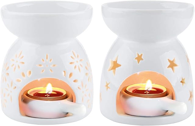 ComSaf Essential Oil Burners Set of 2, Ceramic Wax Melt Burners White Assorted Wax Tarts Holder Candle Scented Diffuser for Aroma Oil and Wax Melts Home Office, 90ml Capacity