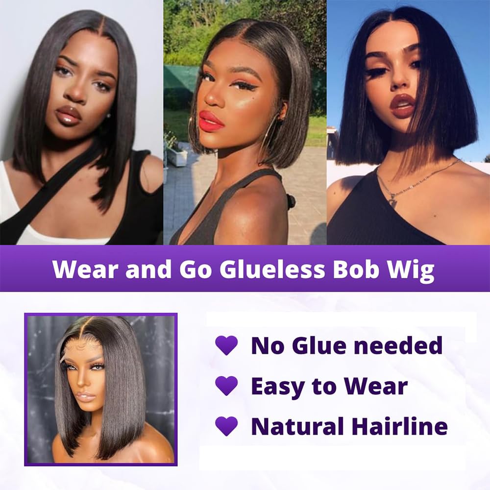 woojfcang Short Black Wigs for Women Black Bob Wig No Fringe,14 Inch Side Part Glueless Wig - Image 4