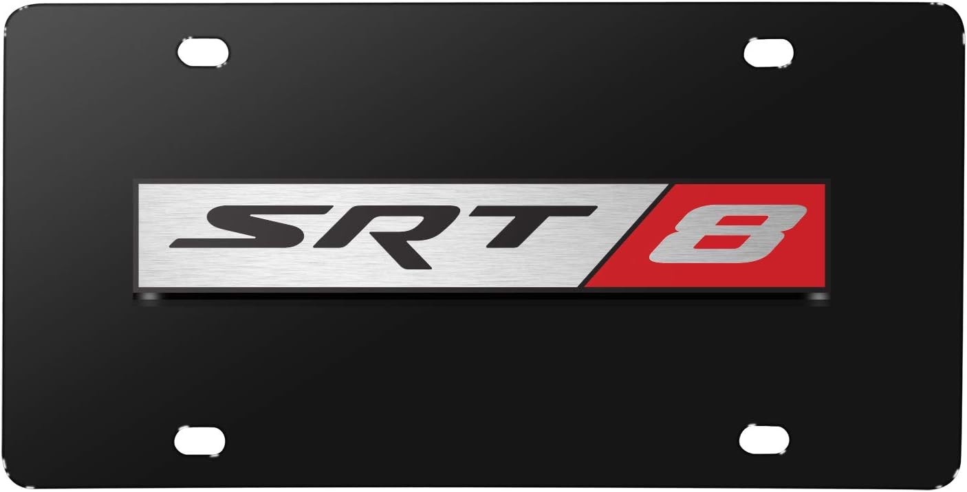 iPick Image for SRT-8 Logo 3D Logo on Black Stainless Steel License Plate for Dodge Jeep RAM - Official Licensed