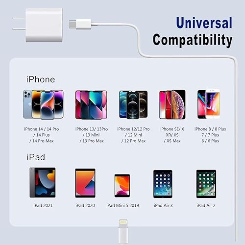 Miniatura 6 de Bloque de carga rápida USB C de 20 W PD para iPhone, paquete de 2 bloques de carga de pared tipo C con cable USB C a Lightning de 6 pies compatible
