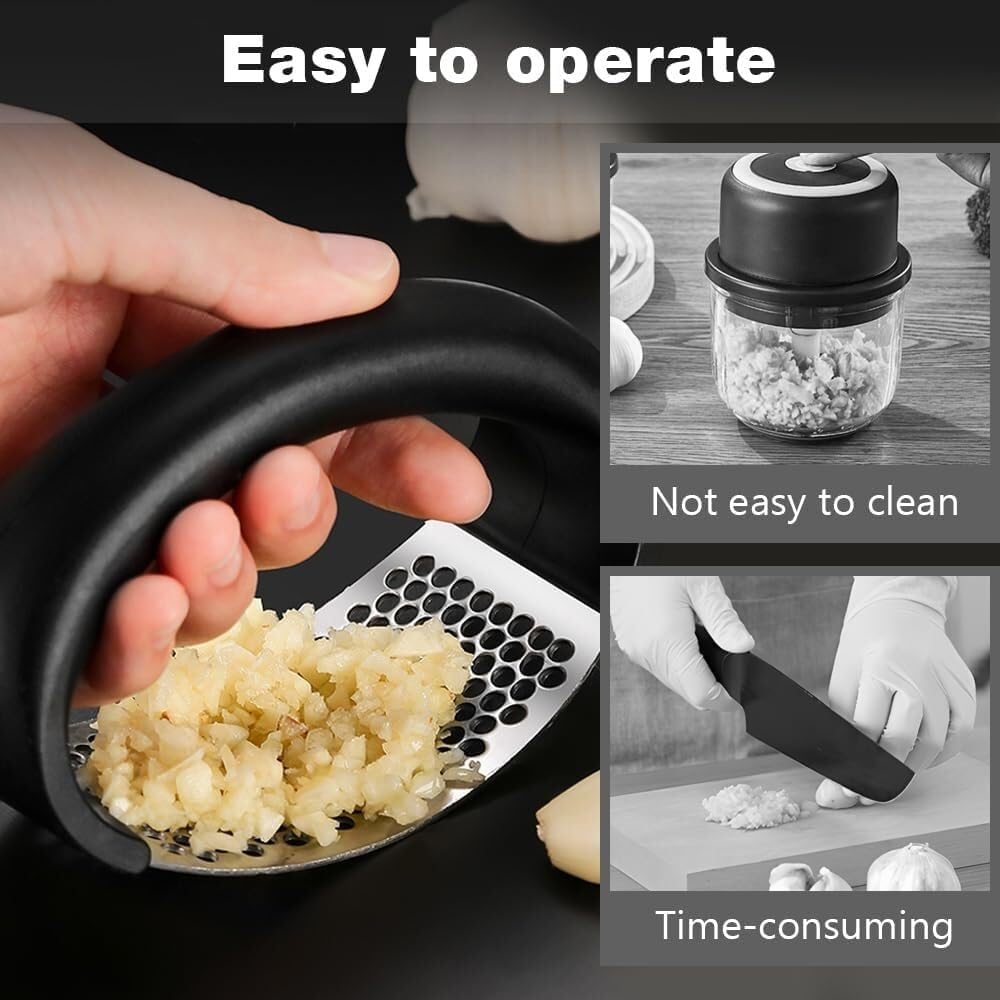 Garlic Press,Garlic Mincer,Garlic Crusher,Garlic Press Rocker, Garlic Press,Manual Stainless Steel Garlic Mincer with Garlic Peeler, Garlic Masher Chopper Tool, Garlic Crusher Pulverizer Set(Black)
