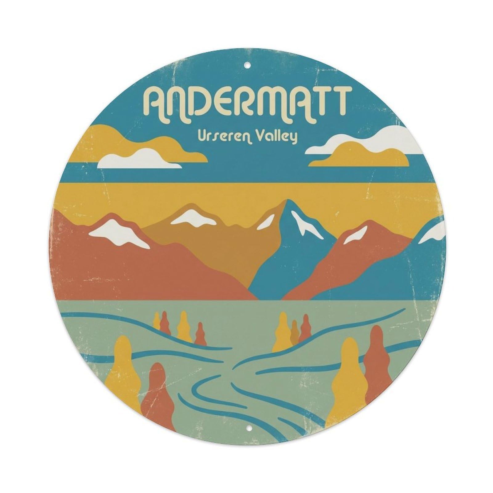 Andermatt Ursern Valley Switzerland Vintage Mountain Heritage Metal Tin Sign Plaque Wall Decor for Cafe, Man Cave, Club Bar, Office, Home Garden Round Metal Poster 8x8Inch