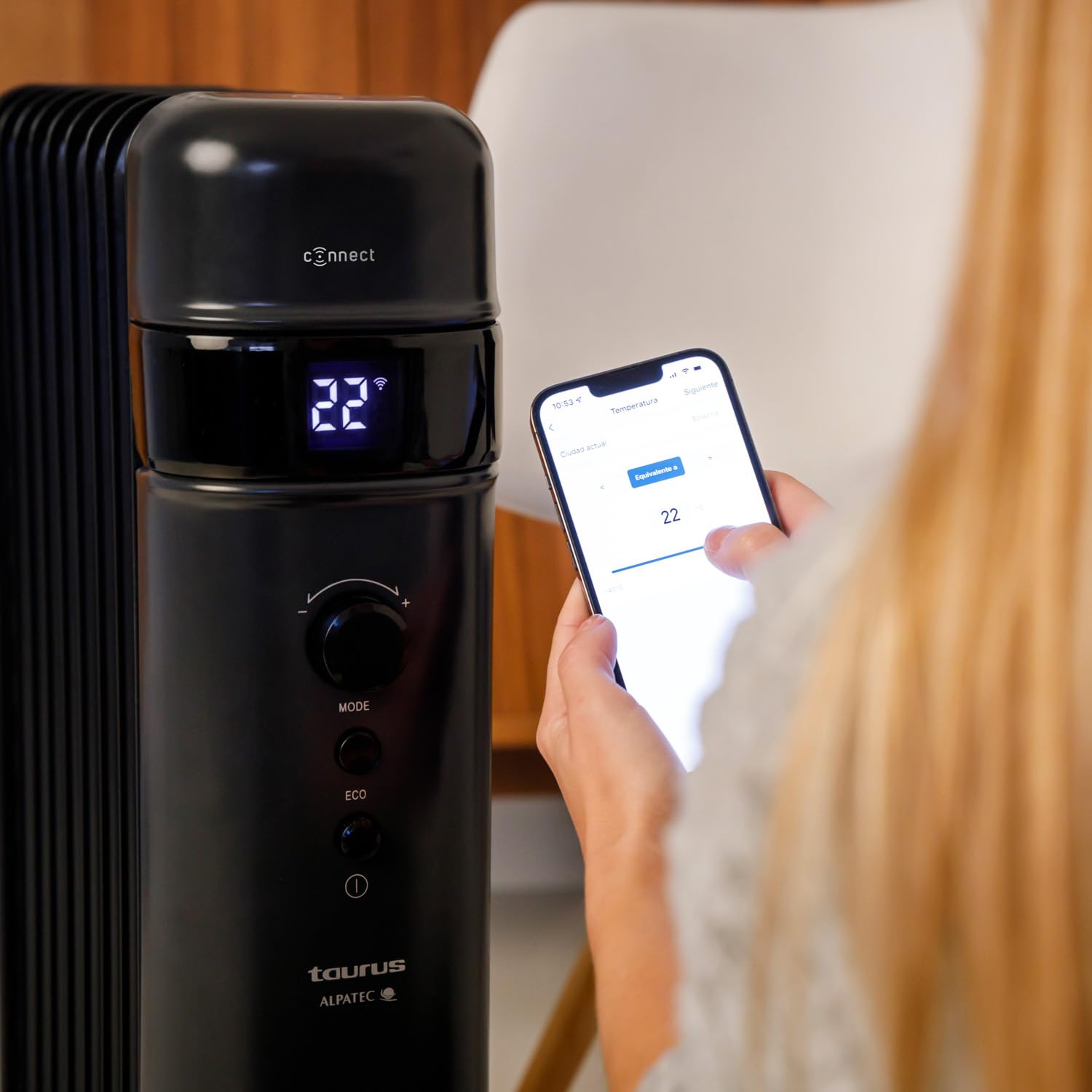 Taurus Connect - Radiador de aceite inteligente, Wifi, APP, Controles por voz, 2000W, 3 intensidades, temperatura ajustable, modo ECO, ruedas, programable, 9 elementos, hasta 20m2