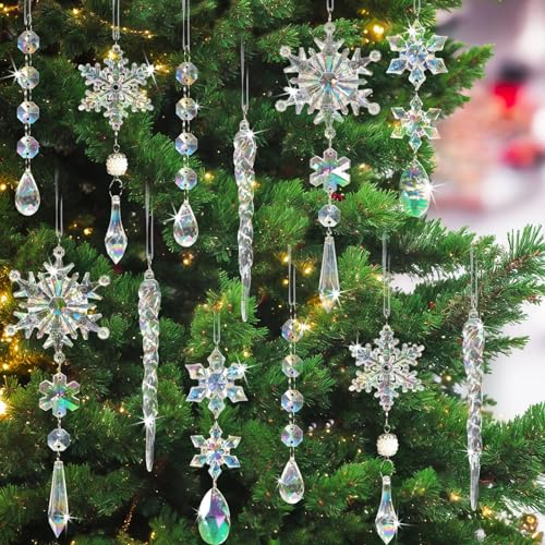 Guasslee 18Pcs Crystal Christmas Tree Ornaments - Iridescent Acrylic Snowflake Icicle Drop Crystal Hanging Ornaments For Tree Iridescent Party Decor Christmas Frozen Themed Birthday Decor thumb #7