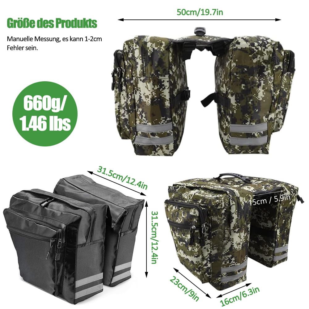 Borse da bicicletta per portapacchi, da 30 l, doppia borsa da bicicletta per portapacchi posteriore, impermeabile, con copertura antipioggia, con nastri riflettenti (mimetizzazione)