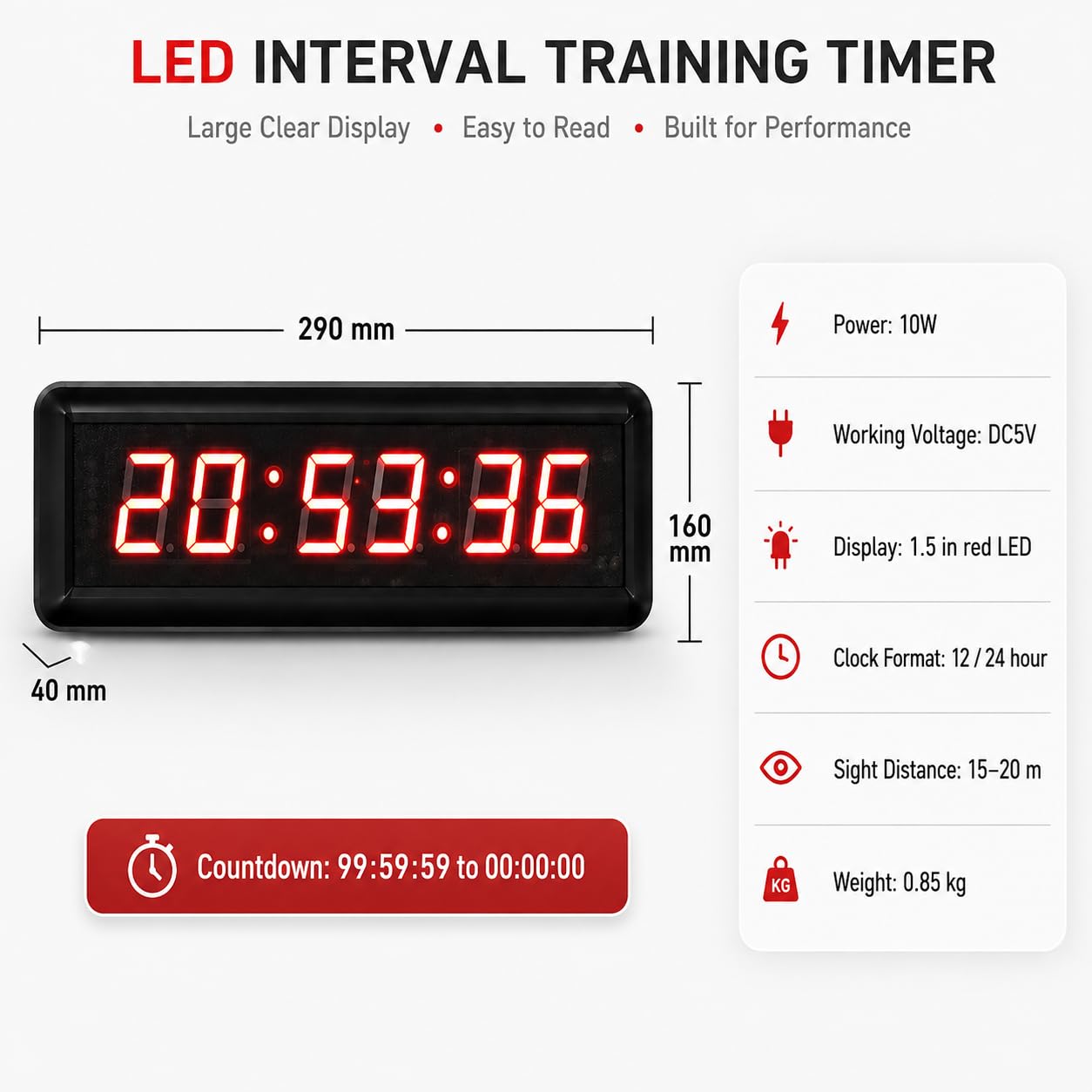 Temporizador de entrenamiento de intervalos LED, cronómetro, alarma, reloj multifunción para juegos