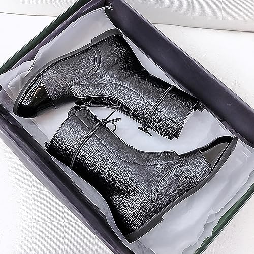 Women's Round Toe Lace up Mid Calf Flat Boots,Fashion Hand Stitching Non Slip Wearable Square Heel Low Heel Leather Shoes Casual Winter Snow Boots Pointed Boots3