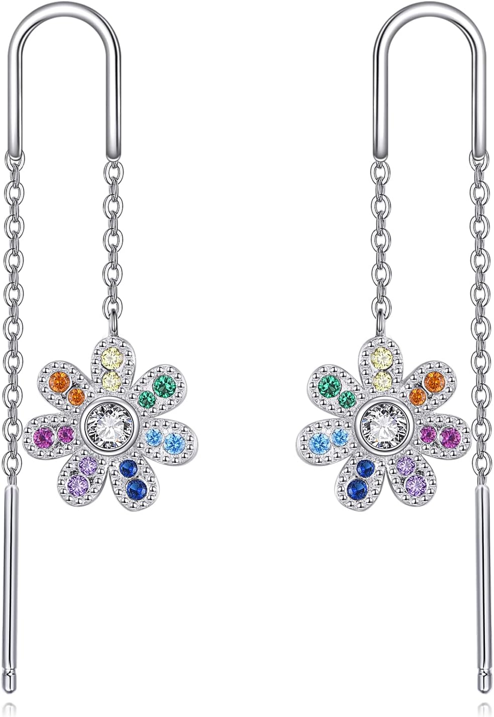 POPLYKE 7 Chakras Flower Earrings Sterling Silver Threader Long Chain Earrings Jewelry Gifts for Women