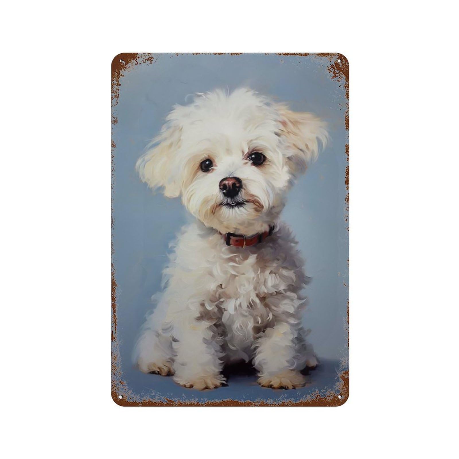 Aged Metal Wall Plaque with White Poodle Puppy Design 11.8"x7.9", for Pub, Kitchen And Man Cave Decor, Shabby Chic Decor