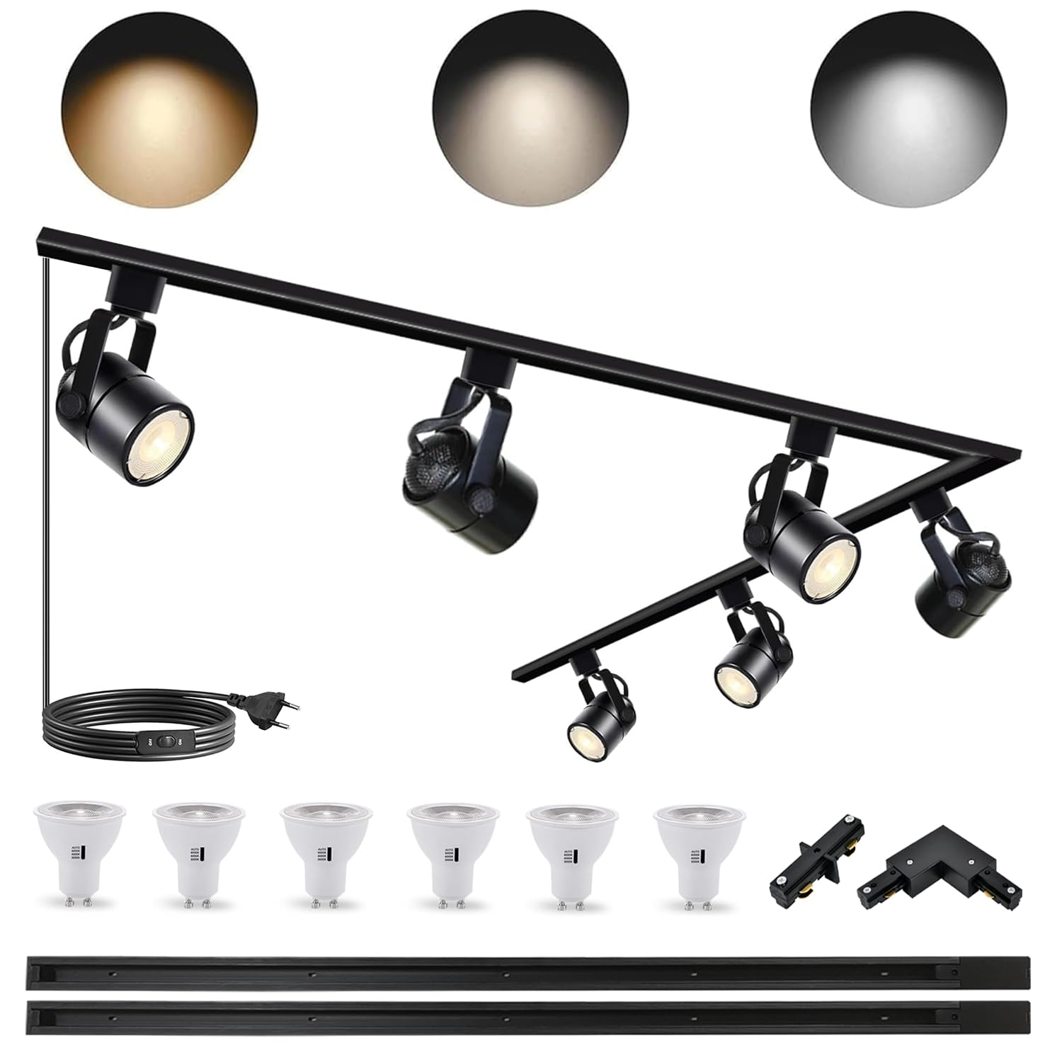 Dimmable LED Track Light Kit, 10W 3CCT GU10 Track Head with 2x1m H-Track, 3000K/4000K/6000K Dimmable, 6 Replaceable GU10 Bulbs for Ceiling Spotlights