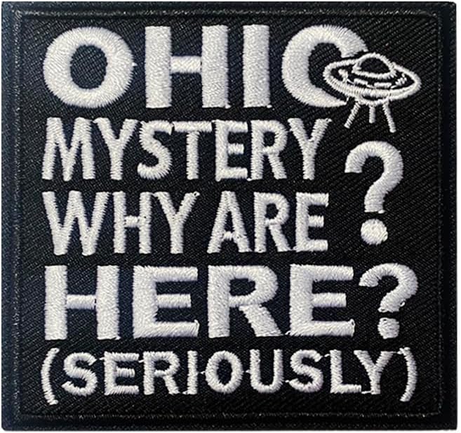 U-Sky Sew or Iron on Embroidered Patches | Ohio UFO Mystery Design with WHY are WE HERE? (Seriously) Text | Humorous State Pride Theme | Jackets Hats Bags Denim | 3"x2.8" 3PCs Pack image 4