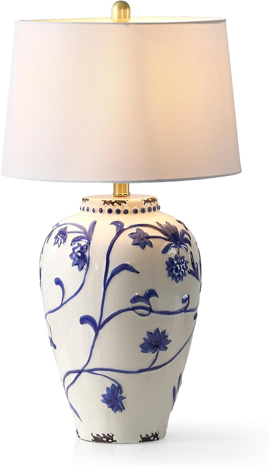 Tribesigns 27-Inch Table Lamp with Blue and White Porcelain Ginger Jar, Embossed Floral Ceramic Base with Fabric Shade for Living Room, Entryway, Nightstand for Bedroom