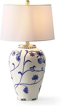 Tribesigns 27-Inch Table Lamp with Blue and White Porcelain Ginger Jar, Embossed Floral Ceramic Base with Fabric Shade for Living Room, Entryway, Nightstand for Bedroom