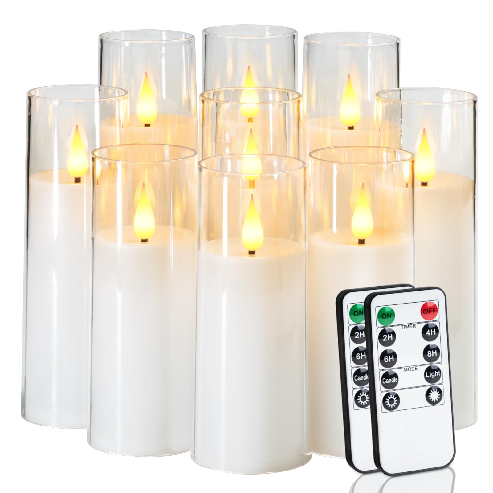 Amagic Pure White Flameless Candles 9 Set, Battery Operated Candles with Remote and Timer, Acrylic Flickering LED Pillar Candles for Wedding Home Decor, D2.2''xH5''6" 7", Warm White Light