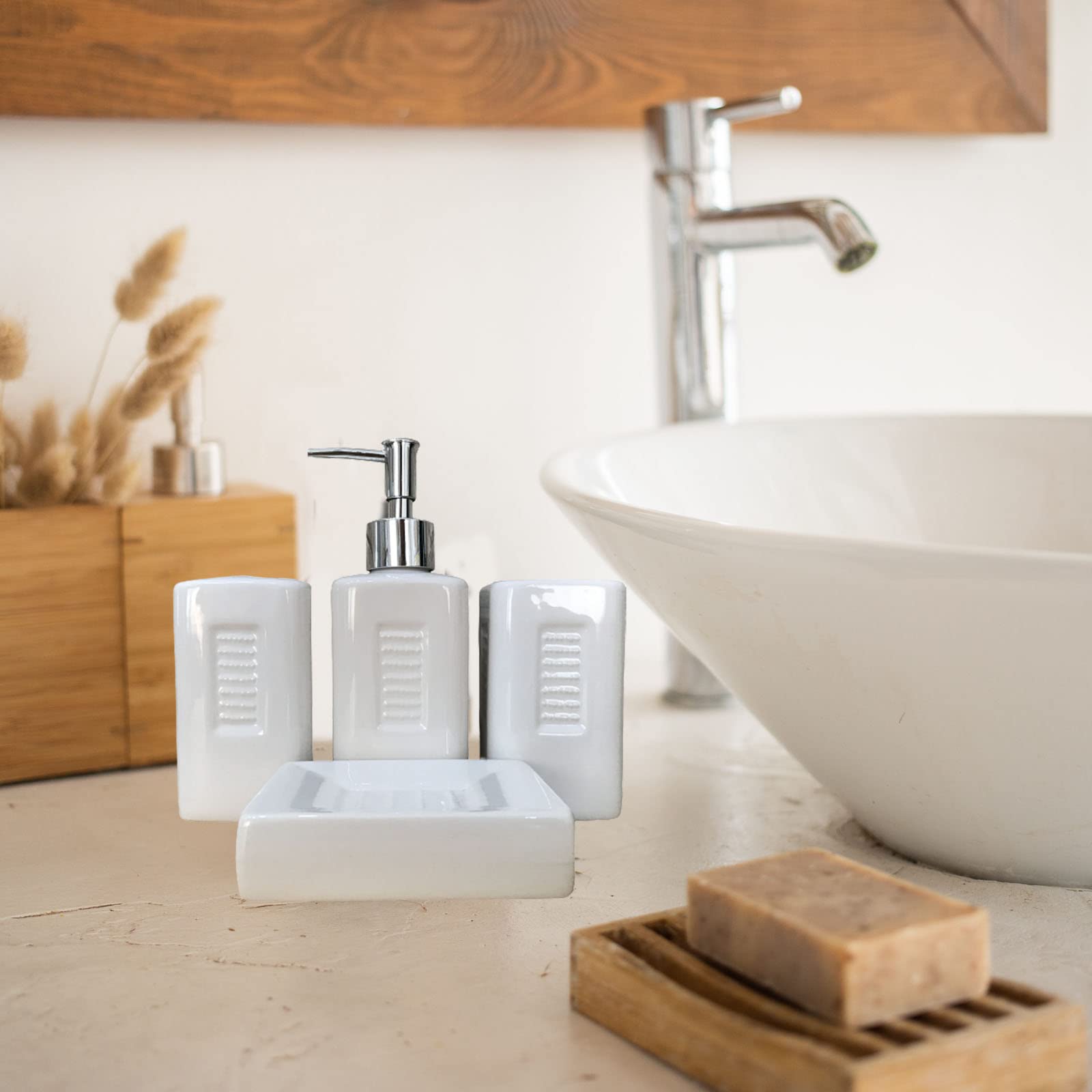 Juego de Accesorios de baño, decoración de baño de Granja, Juego de 4 Piezas para Las Necesidades del apartamento, Contiene dispensador de jabón, jabonera, Vaso