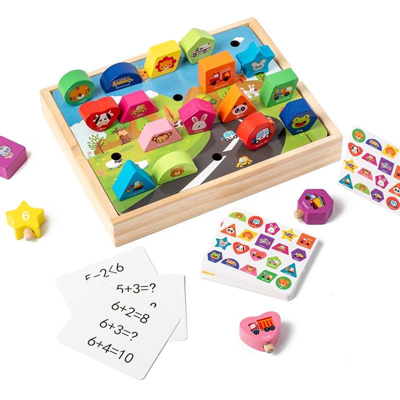 Image of HAPPY HUES Wooden Shape Matching Arithmetic Game - Montessori Peg Puzzle Sorting Board Preschool Learning, and Early Educational Development