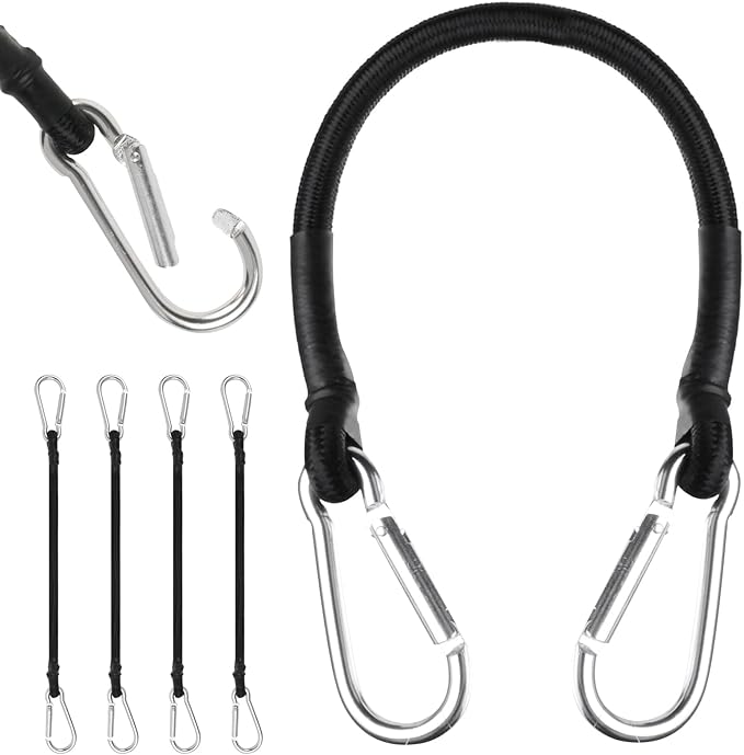 URAQT Bungee Cords with Carabiner Clips 30 CM, 4 Pack Long Heavy Duty Carabiner Bungee Cord, Retractable Straps, with Carabiner Hooks for Roof Racks, Trailers, Camping, Tarps, and Travel for All Users