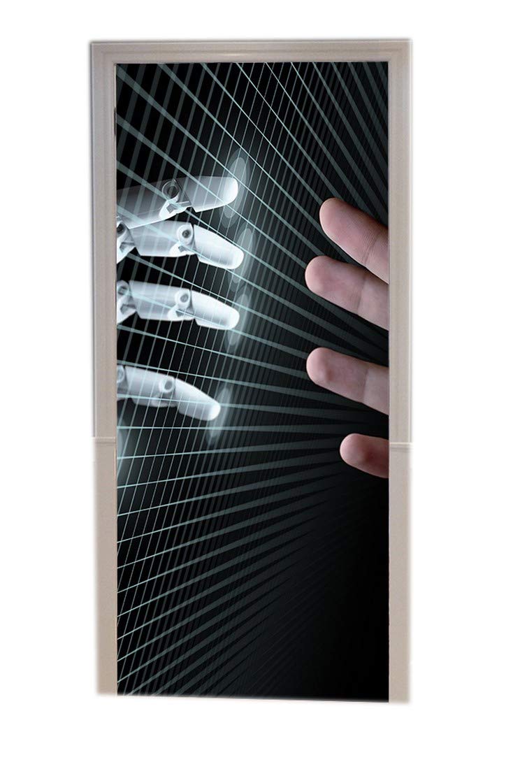 A.Monamour 3D Door Stickers for Interior Doors Hands of Robot and Human Touching Through Virtual Grid Vinyl Waterproof Self Adhesive Door Mural Decals for Bedroom Office Bathroom 77 x 200 cm