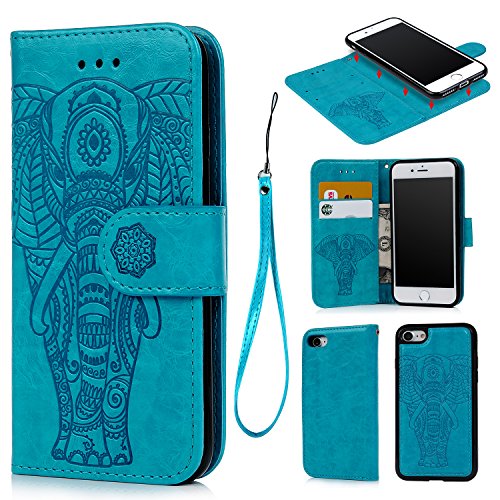 Compatible with iPhone 7 Wallet Case, Case Embossed Love PU Leather Case Full Protective Anti-Scratch Resistant Cover Magnetic Case Slot Wrist Strap Case for iPhone 7 & iPhone 8 (Elephant-Blue)