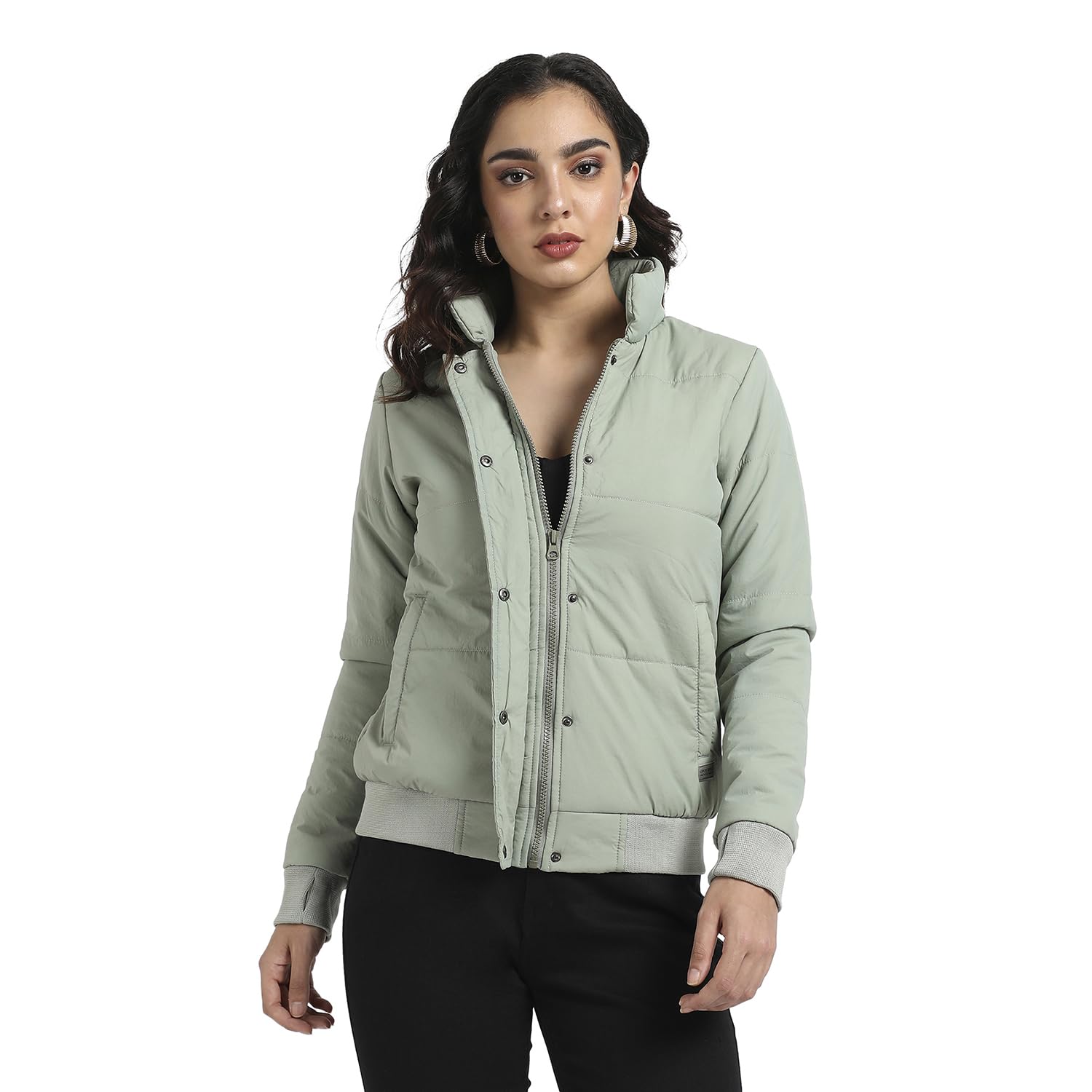 Campus Sutra Campus Sutra Women's Sage Green Quilted Bomber Jacket With Ribbed Hem For Casual Wear | High Neck | Long Sleeve | Zipper Closure | Polyester Jacket Crafted With Comfort Fit For Everyday Wear in green