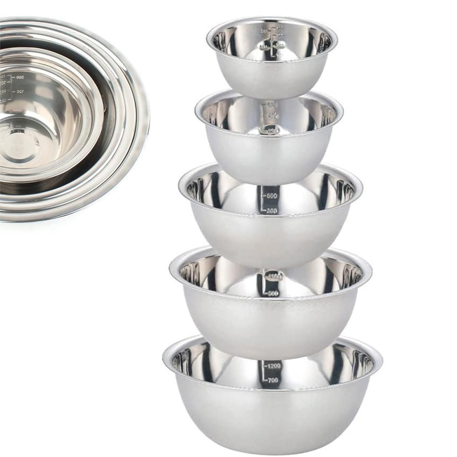 STAYOUNG 5 PCS Kitchen Nesting Bowl - Stainless Steel Mixing Bowls Set, Salad Bowl Set, Stackable Space Saving, for Serving, Salad, Marinating, Dough, Cooking, Baking & Food Storage