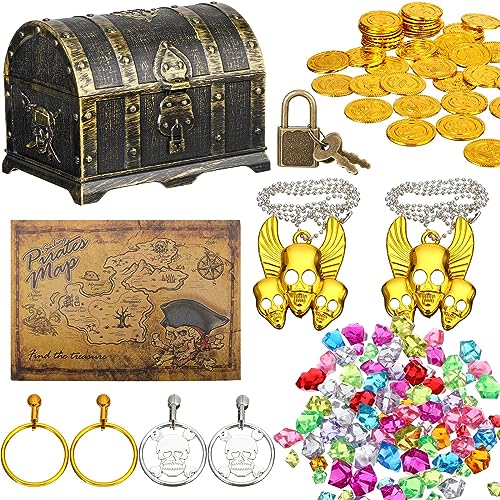 Enhon Cofre de Tesoro de Pirata Caja de Juguete con Cerradura y 1 Mapa del Tesoro 100 Gemas de Colores 40 Monedas de Piratas 4 Aretes 2 Collares de Esqueleto para Fiesta Temática Pirata