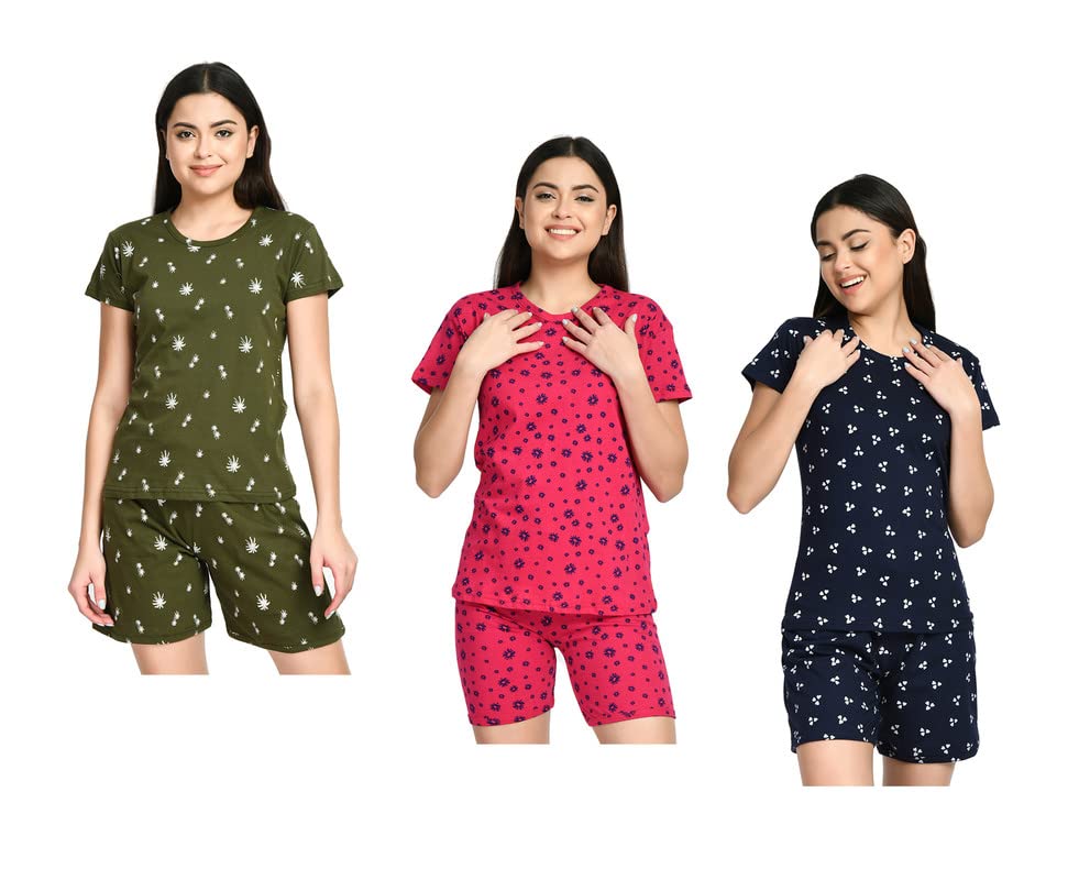 Image of IndiWeaves Cotton Printed Tops and Shorts Set Night Suit for Women (Pack of 3) Green::Red::Dark Blue